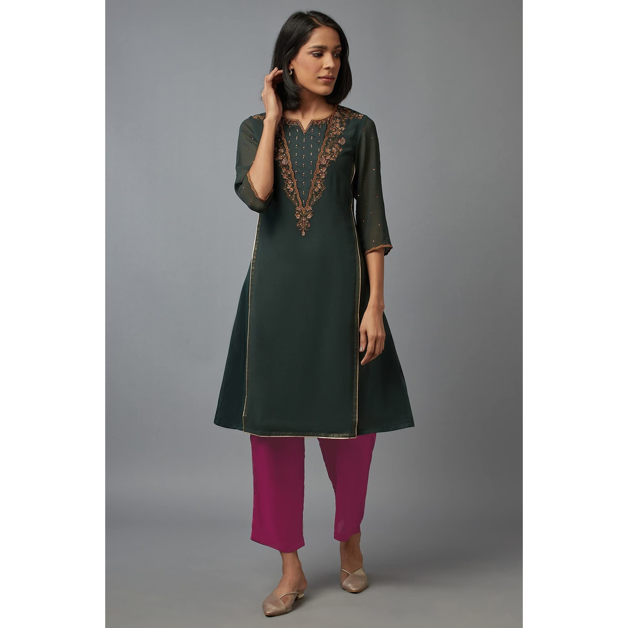 W For Woman Women's Polyester Solid Regular Kurta (22Fes10856-216091_Bottle Green_Xs)