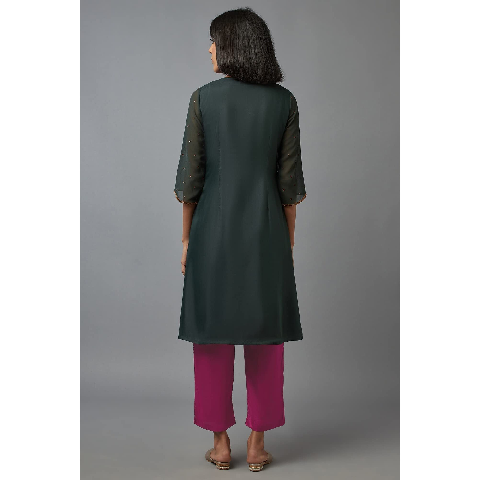 W For Woman Women's Polyester Solid Regular Kurta (22Fes10856-216091_Bottle Green_Xs)