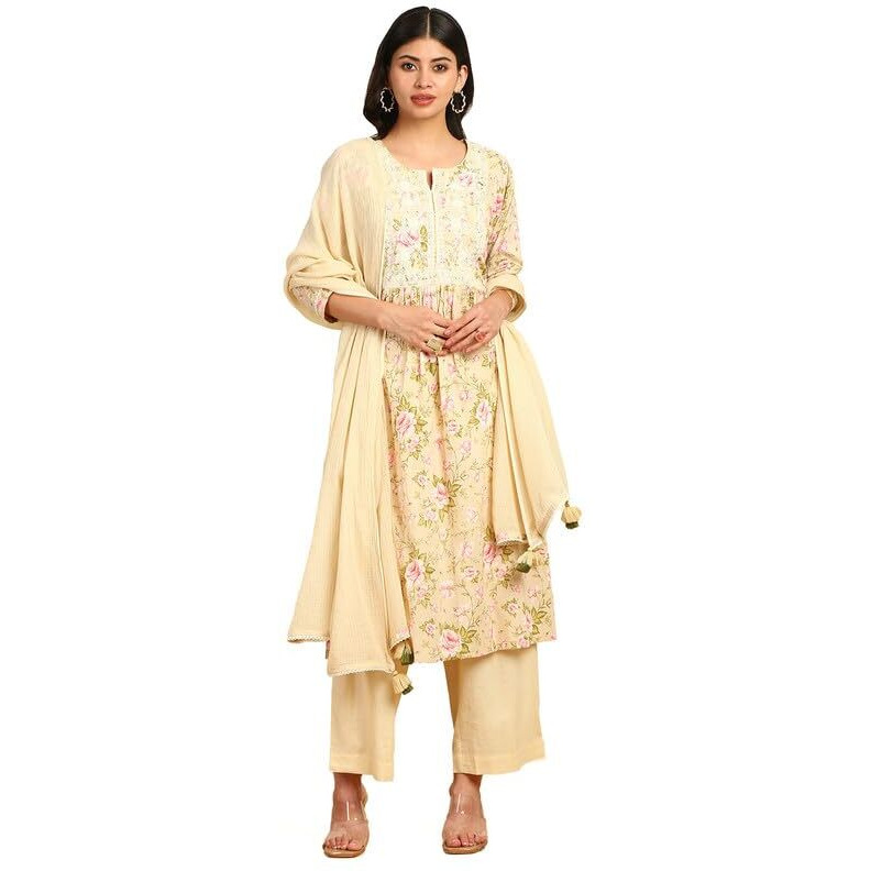 Soch Womens Beige Floral Print Cotton Slub Suit Set With Thread Work