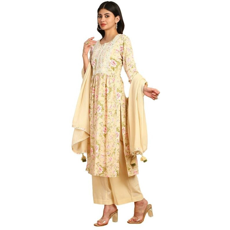 Soch Womens Beige Floral Print Cotton Slub Suit Set With Thread Work