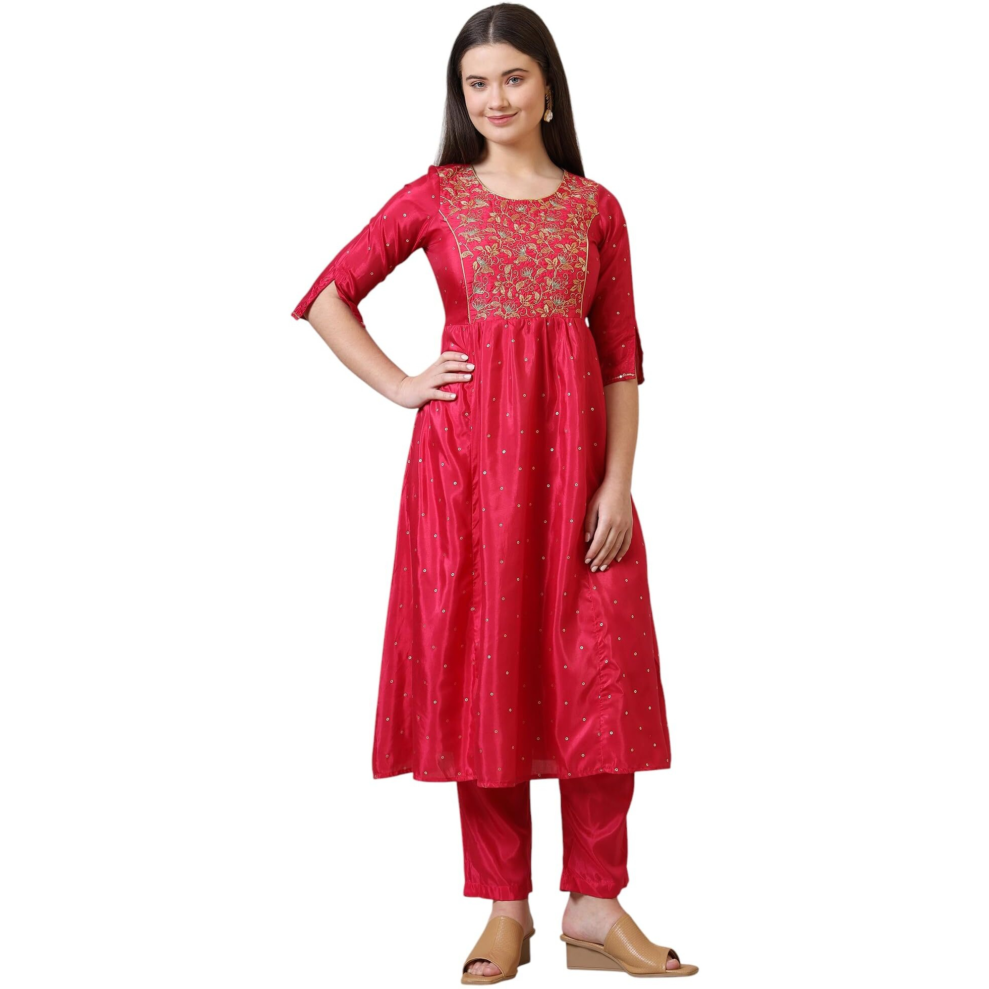 Aurelia Women's Polyester Polka Dots Loose Kurta (22Fea13147-505214_Pink_Xs)