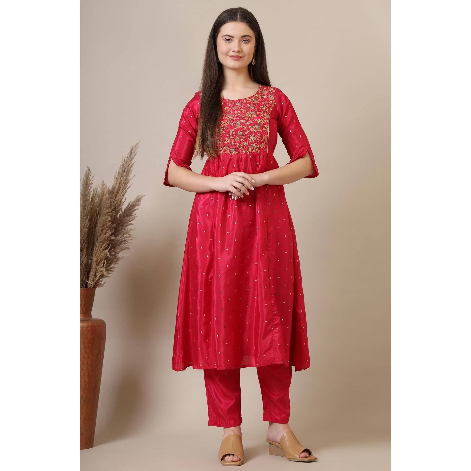 Aurelia Women's Polyester Polka Dots Loose Kurta (22Fea13147-505214_Pink_Xs)