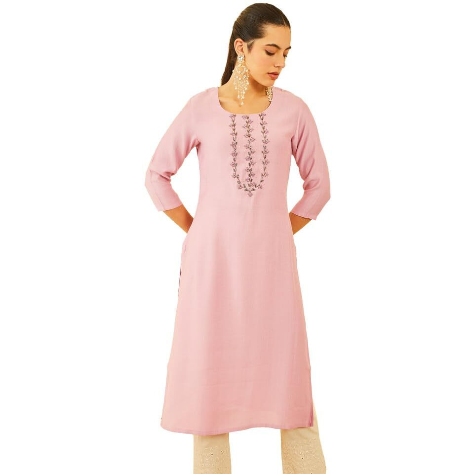 Soch Womens Pink Viscose Kurta With Beads And Stones