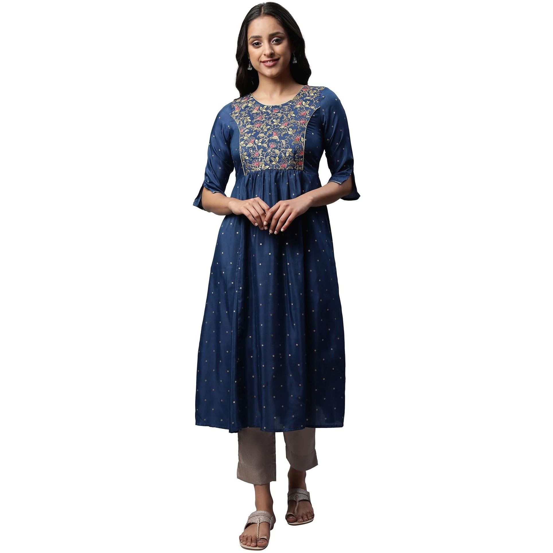 Aurelia Blue Embroidered Zari Regular Kurta For Women