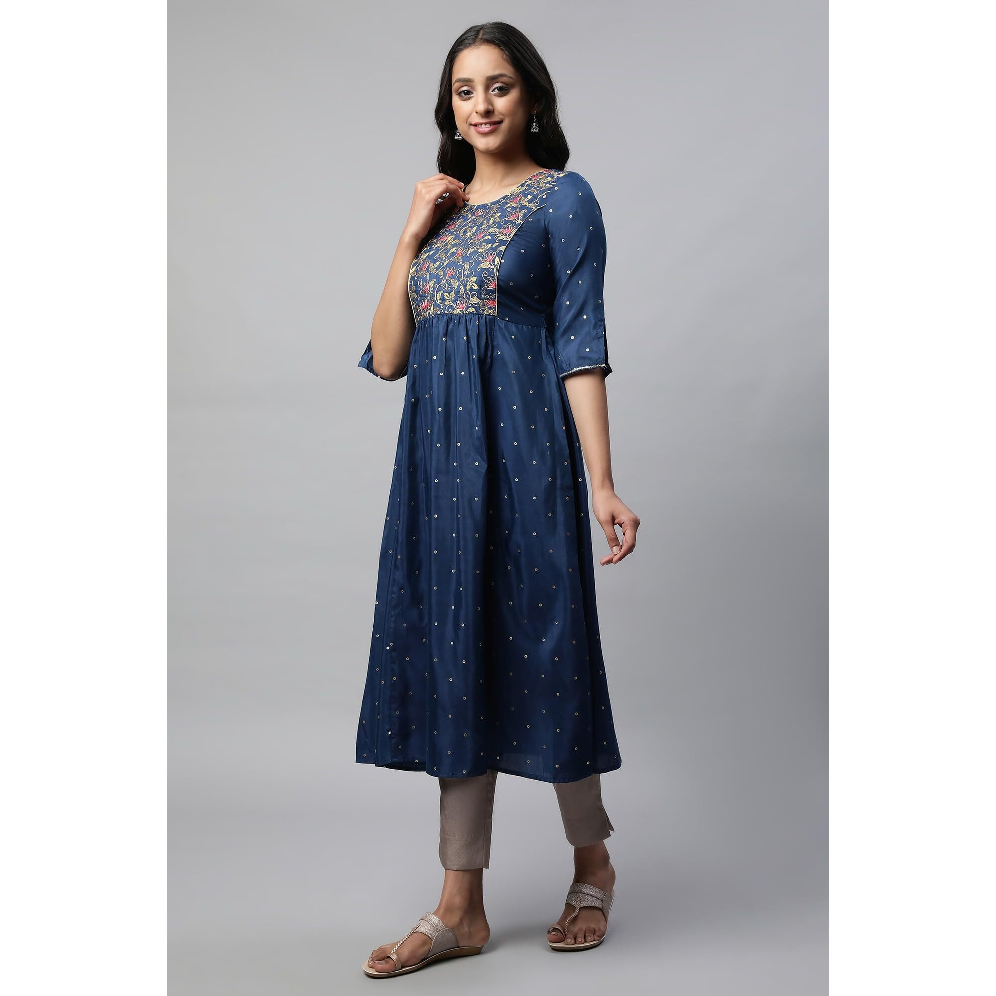 Aurelia Blue Embroidered Zari Regular Kurta For Women