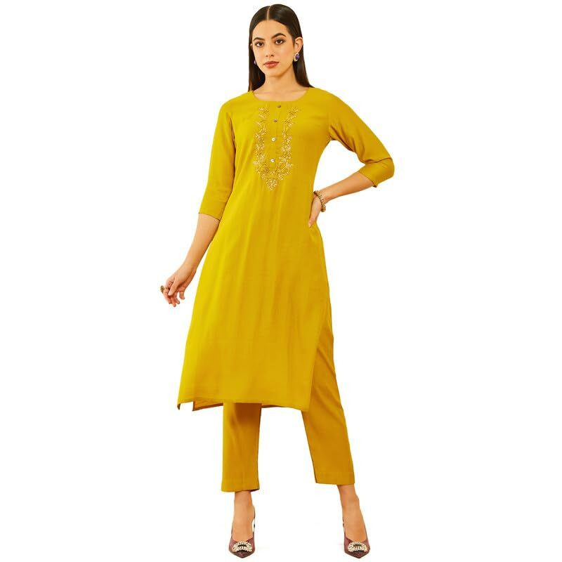 Soch Womens Mustard Viscose Yoke Design Kurta Set With Cutdana