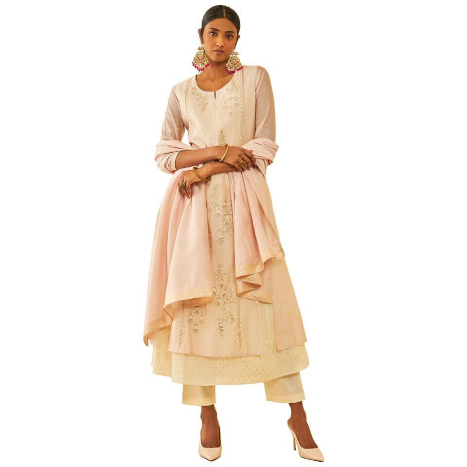Soch Womens Blush Pink Chanderi Floral Embroidered Suit Set With Zari