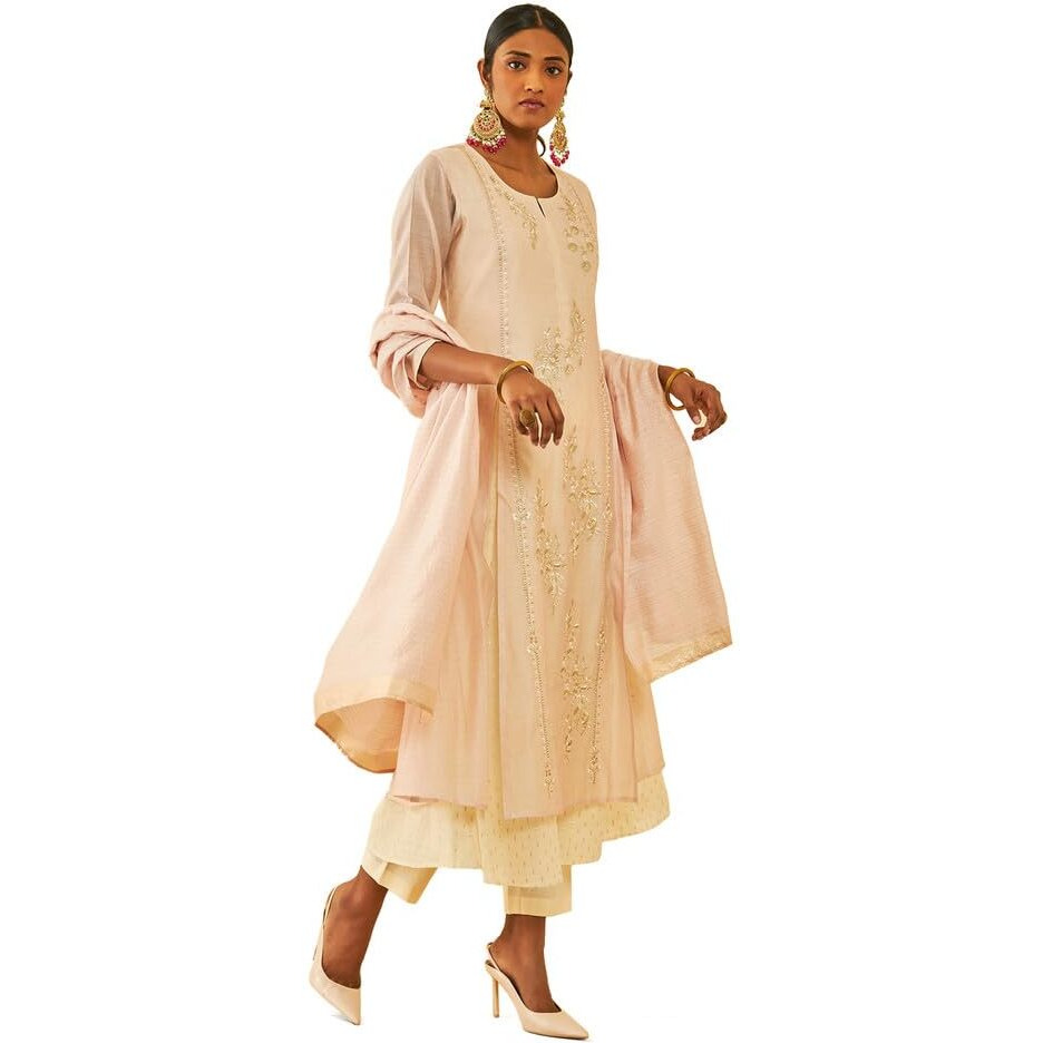 Soch Womens Blush Pink Chanderi Floral Embroidered Suit Set With Zari