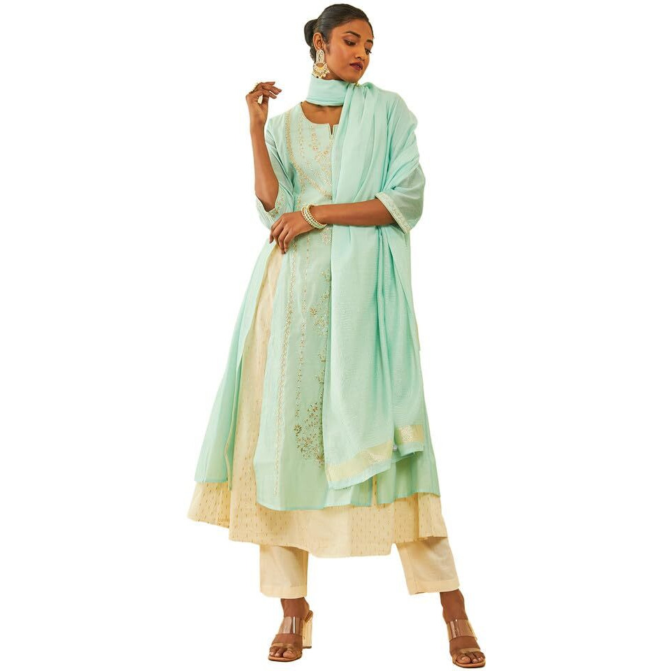 Soch Womens Powder Blue Chanderi Floral Embroidered Suit Set With Zari