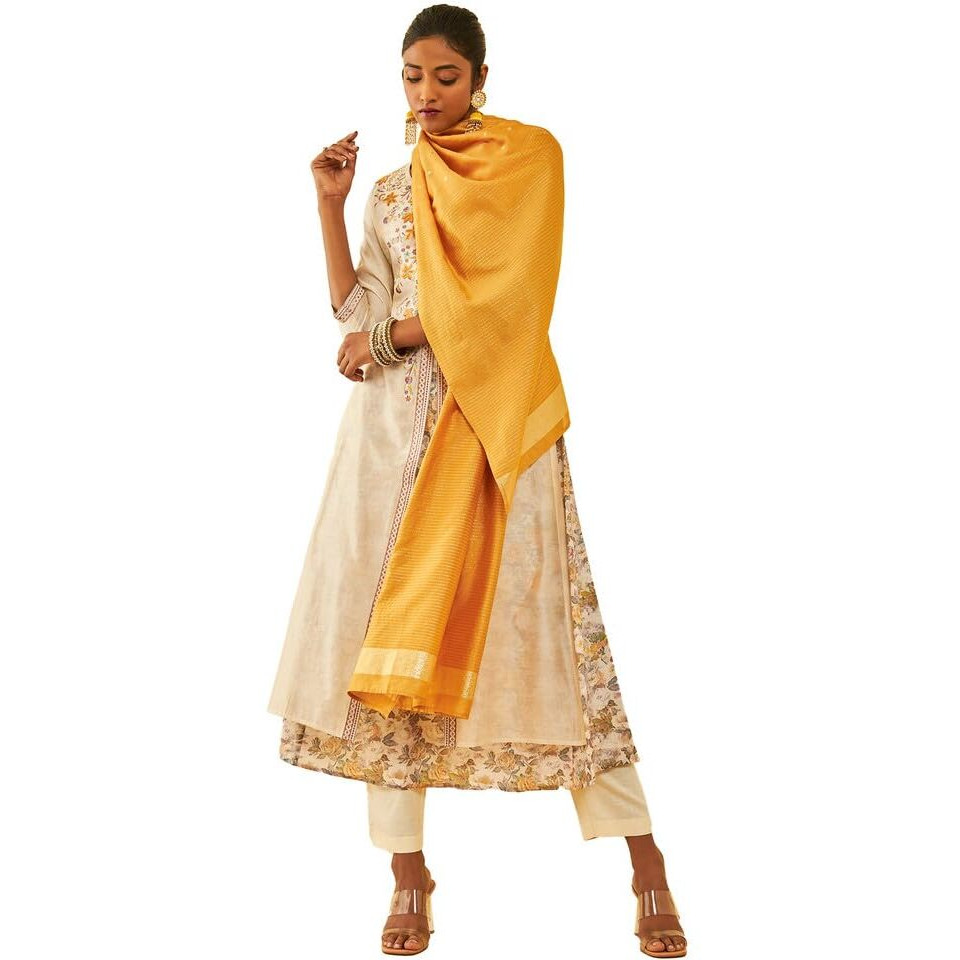 Soch Womens Cream Chanderi Floral Embroidered Suit Set With Zari