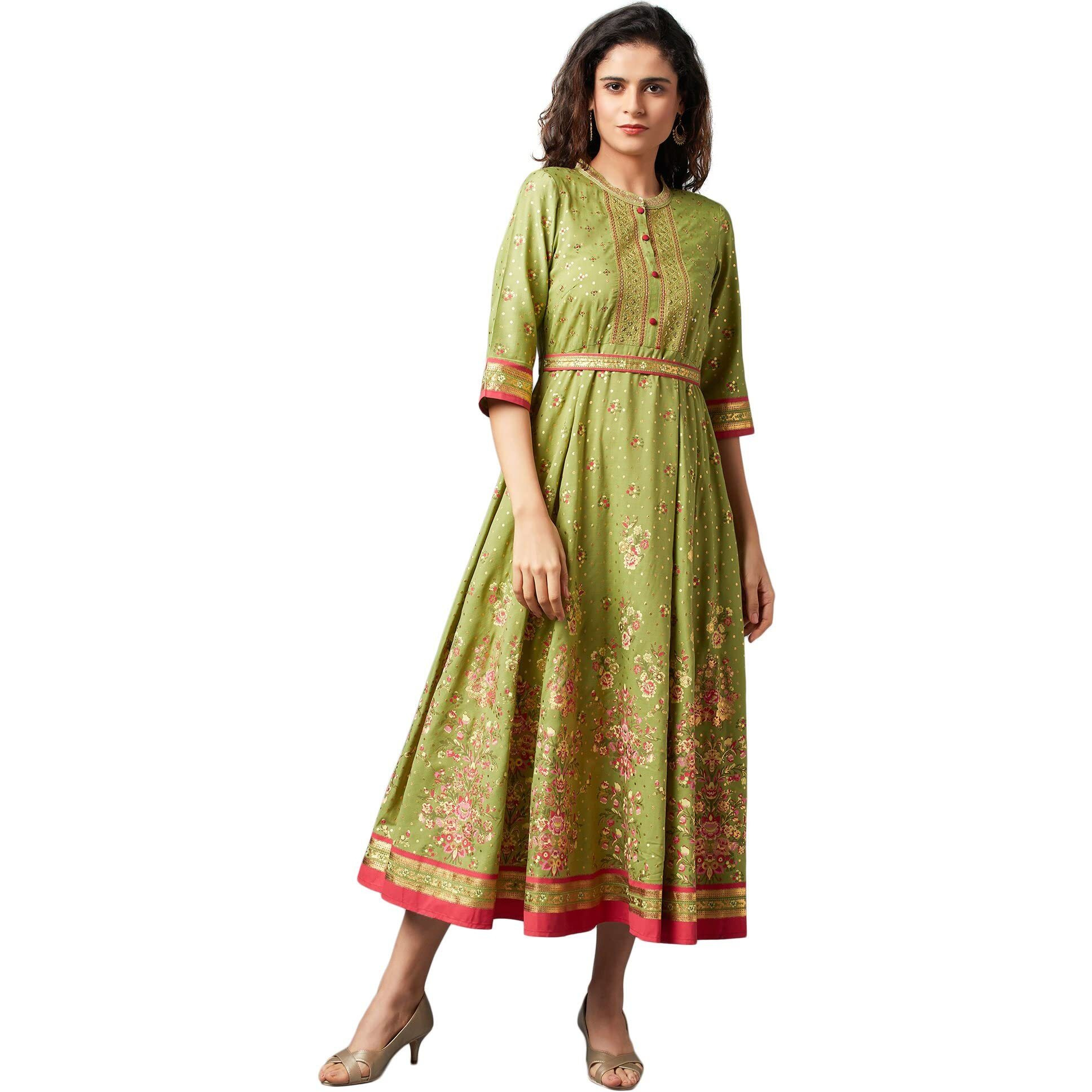 Aurelia Women's Polyester Green Flared Embroidered Kurta Midi Dress (22Fea13164-504305 Xs)