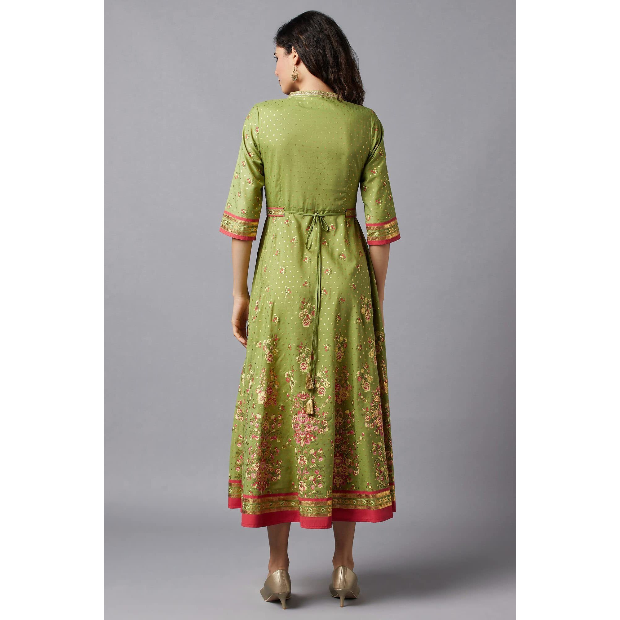 Aurelia Women's Polyester Green Flared Embroidered Kurta Midi Dress (22Fea13164-504305 Xs)