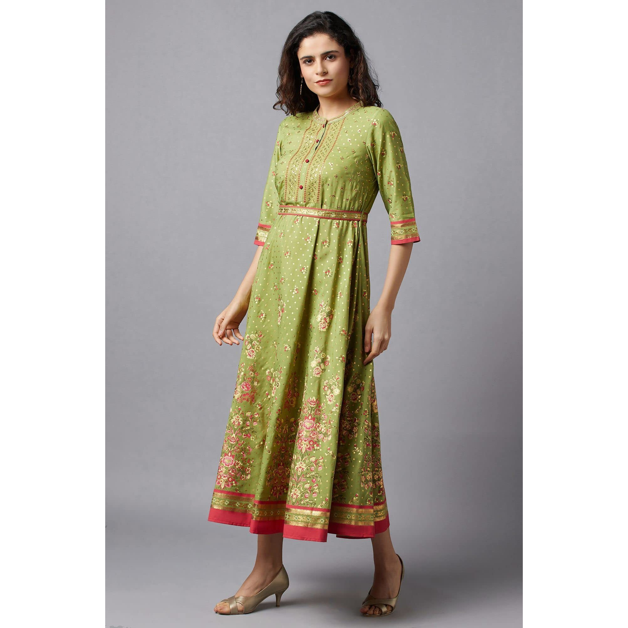 Aurelia Women's Polyester Green Flared Embroidered Kurta Midi Dress (22Fea13164-504305 Xs)