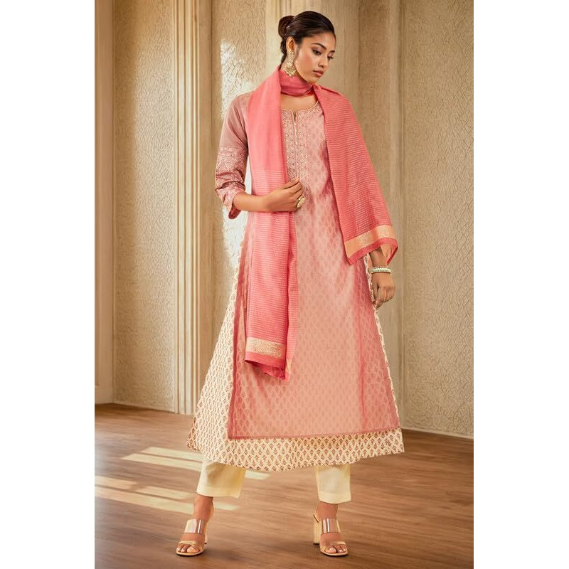 Soch Womens Onion Pink Chanderi Floral Embroidered Suit Set With Zari