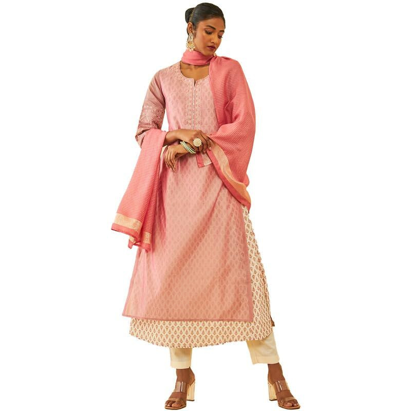 Soch Womens Onion Pink Chanderi Floral Embroidered Suit Set With Zari