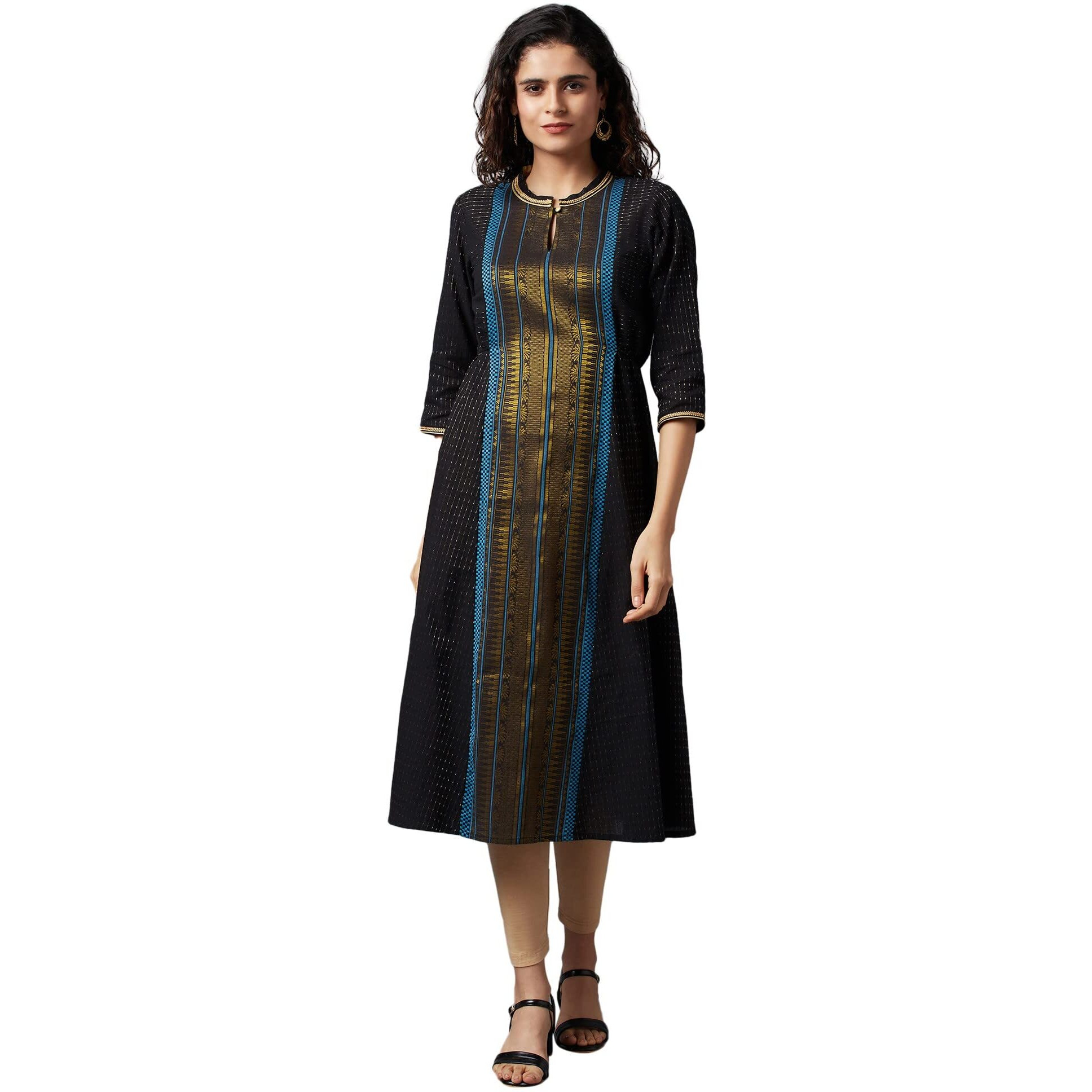 Aurelia Women's Cotton Blend Stripes Regular Kurta (22Fea13161-702598_Jet Black_S)
