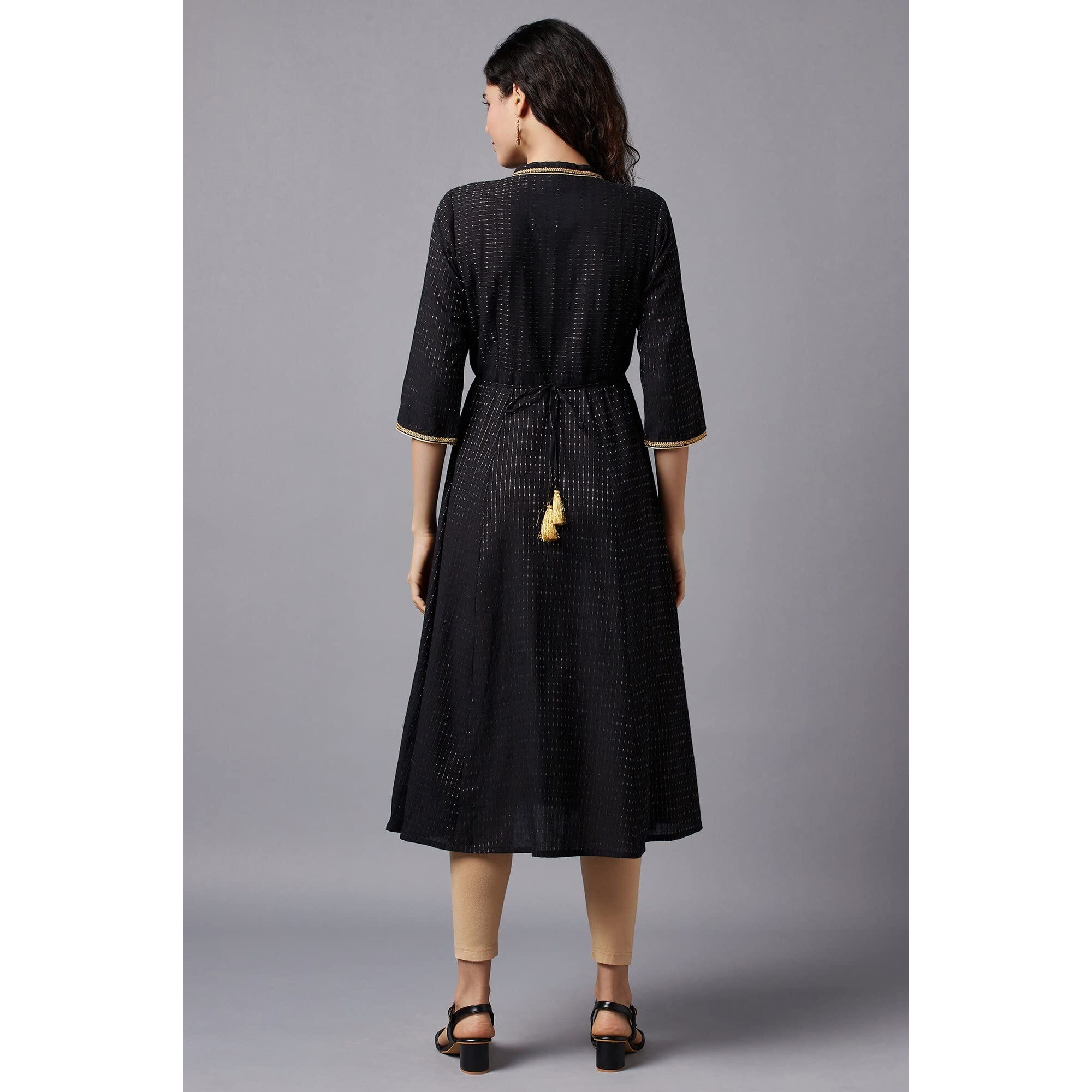 Aurelia Women's Cotton Blend Stripes Regular Kurta (22Fea13161-702598_Jet Black_S)