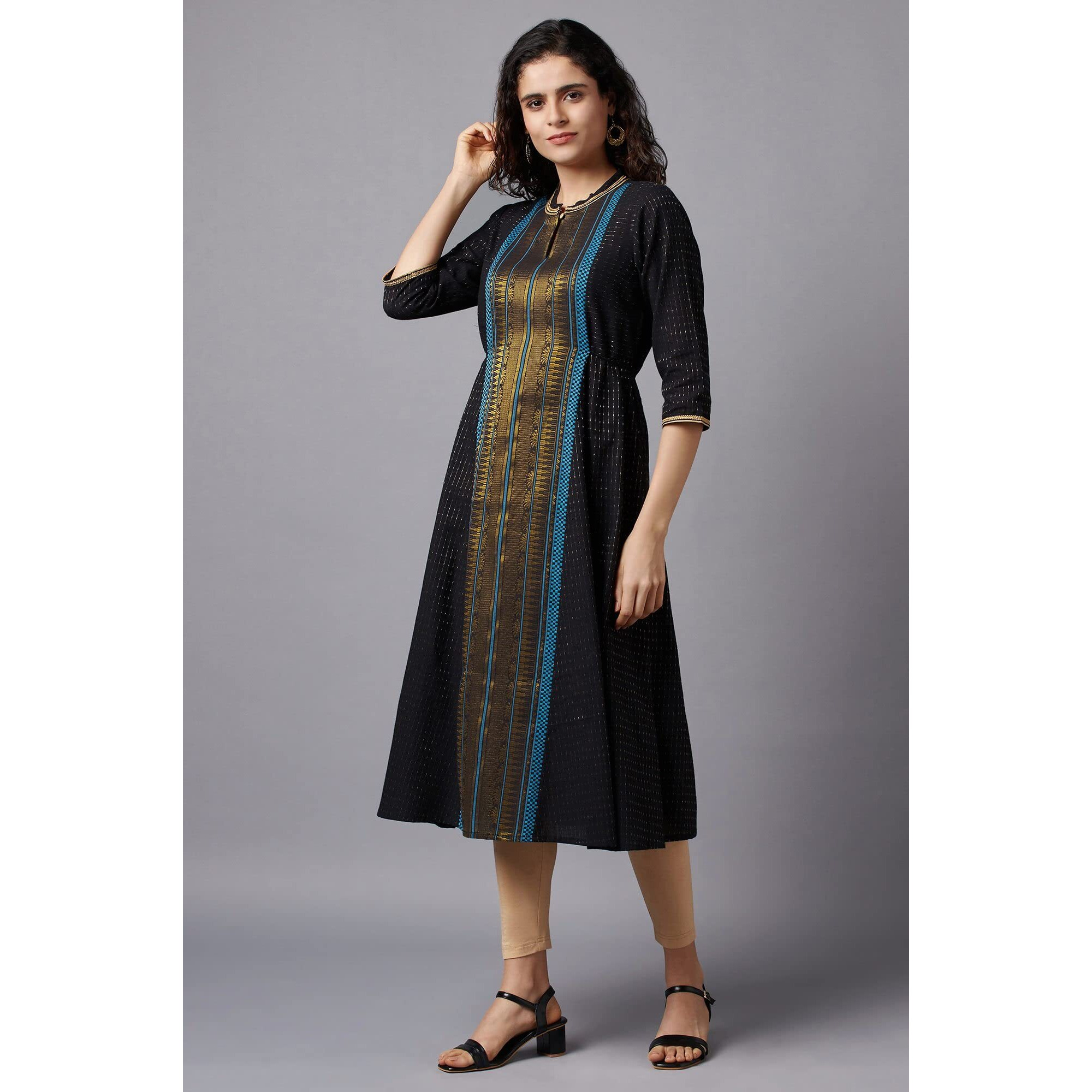 Aurelia Women's Cotton Blend Stripes Regular Kurta (22Fea13161-702598_Jet Black_S)