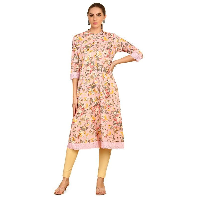 Soch Womens Pink Floral Printed Cotton Flex Mandarin Collar Kurta With Lace