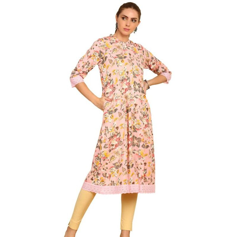 Soch Womens Pink Floral Printed Cotton Flex Mandarin Collar Kurta With Lace