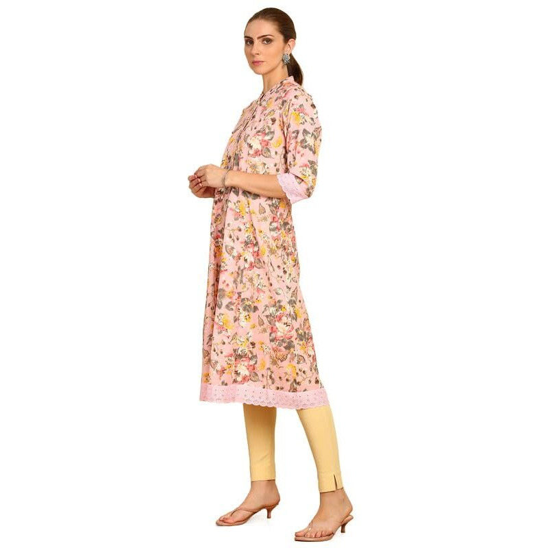 Soch Womens Pink Floral Printed Cotton Flex Mandarin Collar Kurta With Lace
