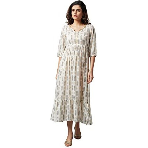 Aurelia Printed Polyester Round Neck Womens Flared Dress (White, Large)