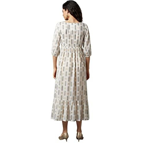 Aurelia Printed Polyester Round Neck Womens Flared Dress (White, Large)