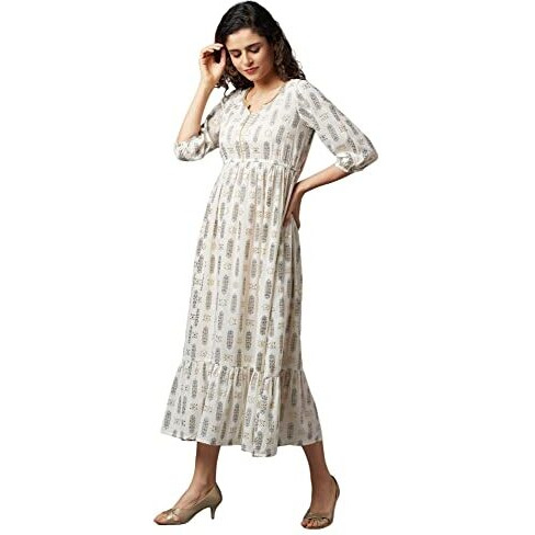 Aurelia Printed Polyester Round Neck Womens Flared Dress (White, Large)