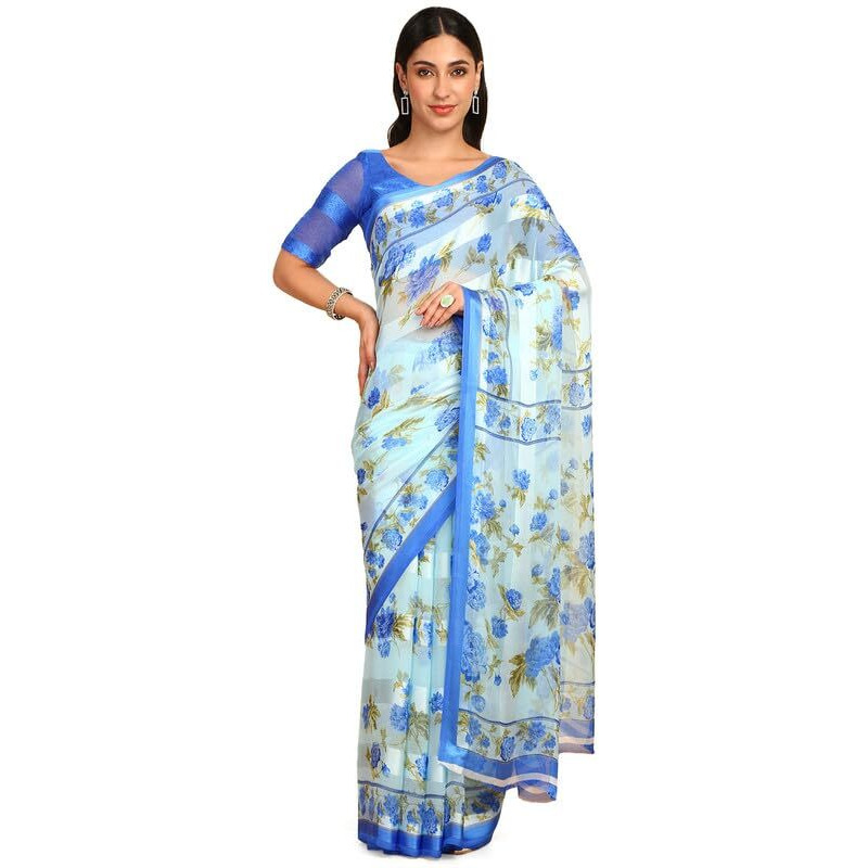 Soch Womens Blue Floral Print Chiffon Saree