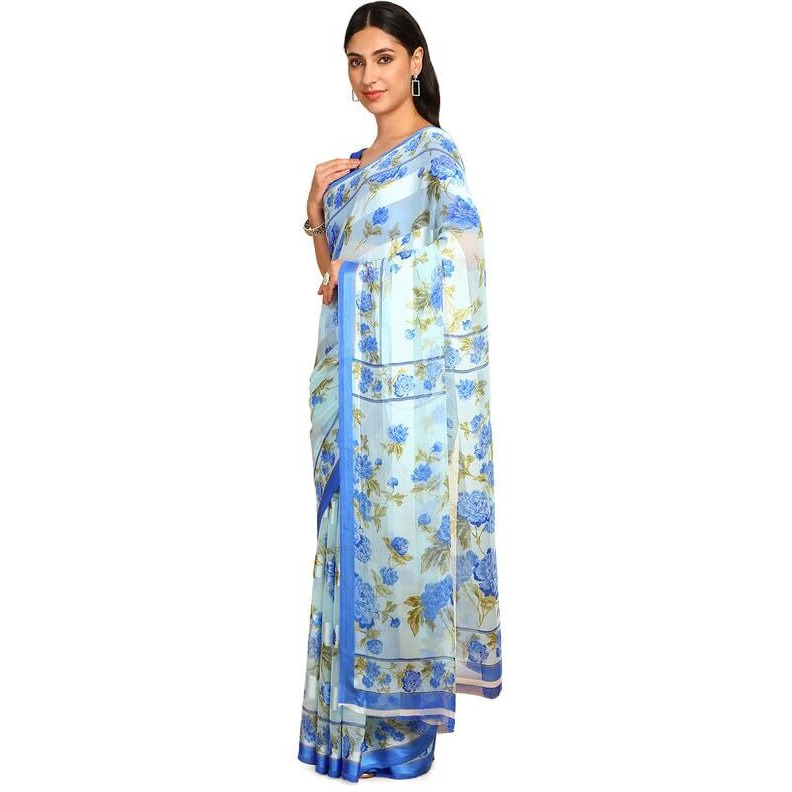 Soch Womens Blue Floral Print Chiffon Saree
