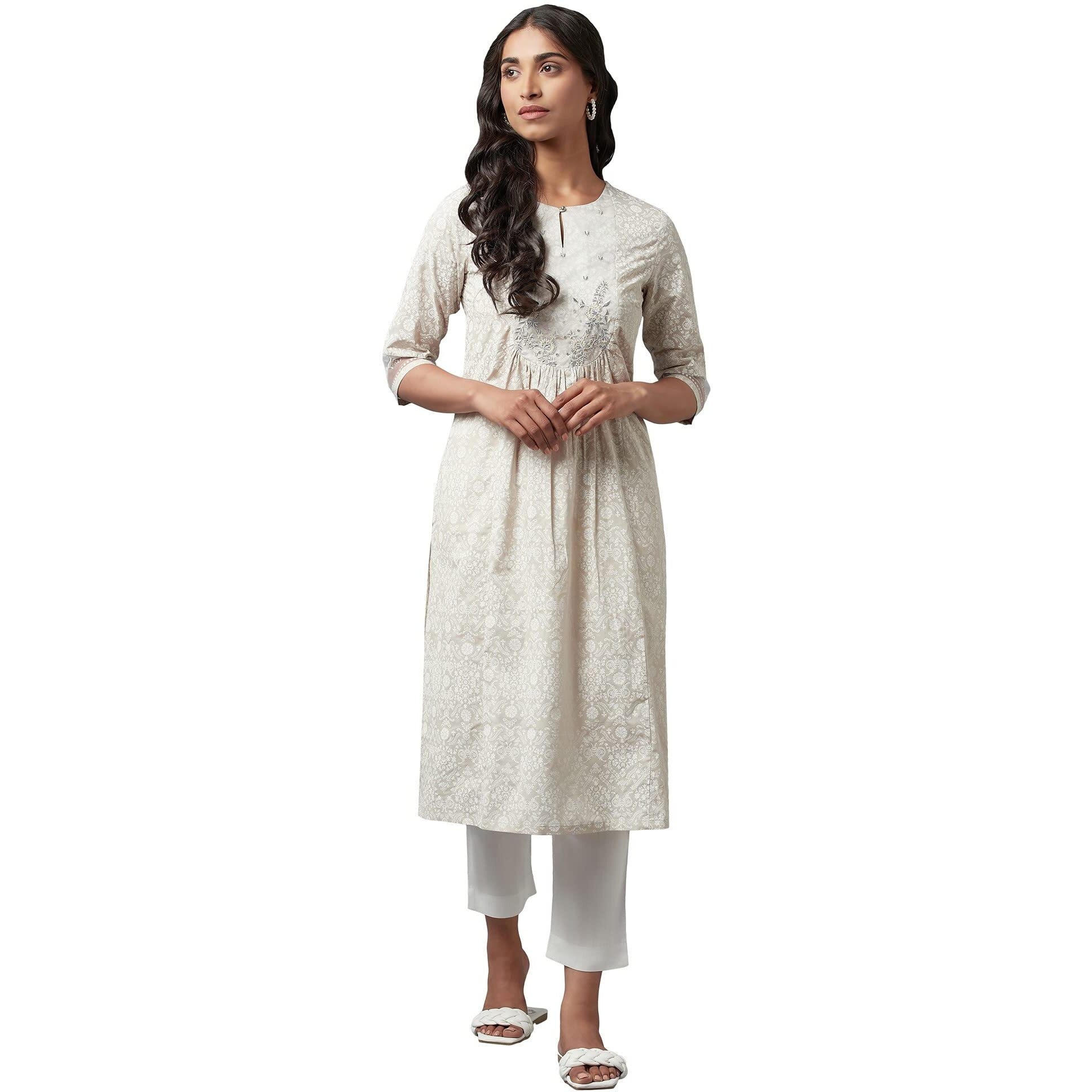 W For Woman Ecru Printed Kurta With Embroidery_22Few15825-117461_S