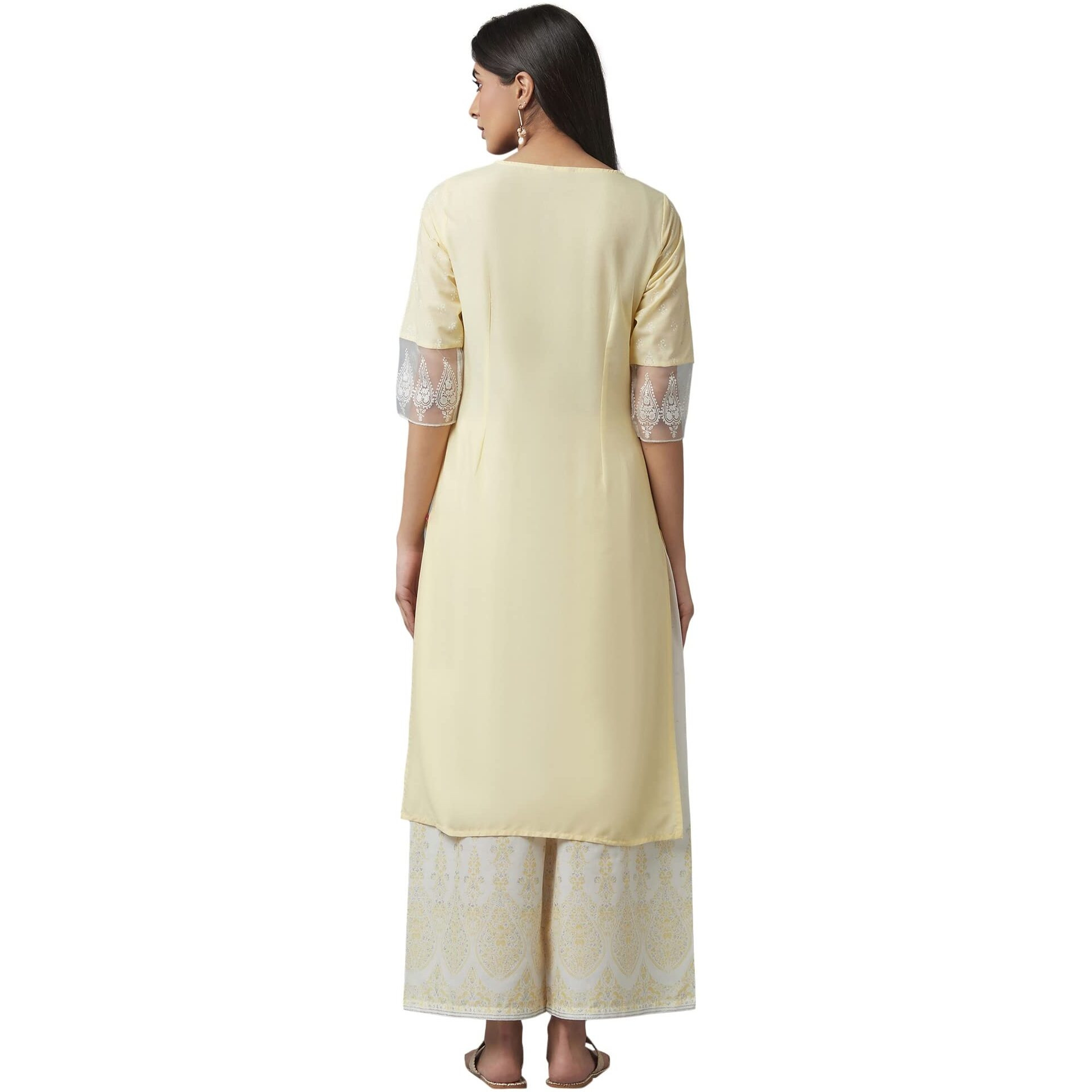 W For Woman Women's Cotton Floral Regular Kurta (22Few17516-118100_Vanilla Yellow_Xs)