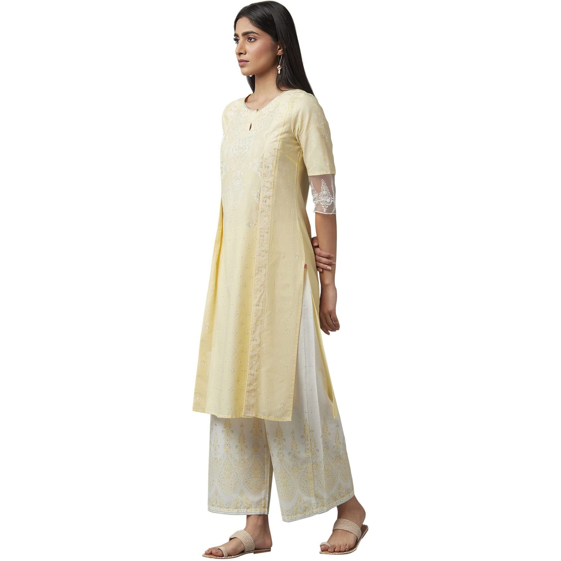 W For Woman Women's Cotton Floral Regular Kurta (22Few17516-118100_Vanilla Yellow_Xs)