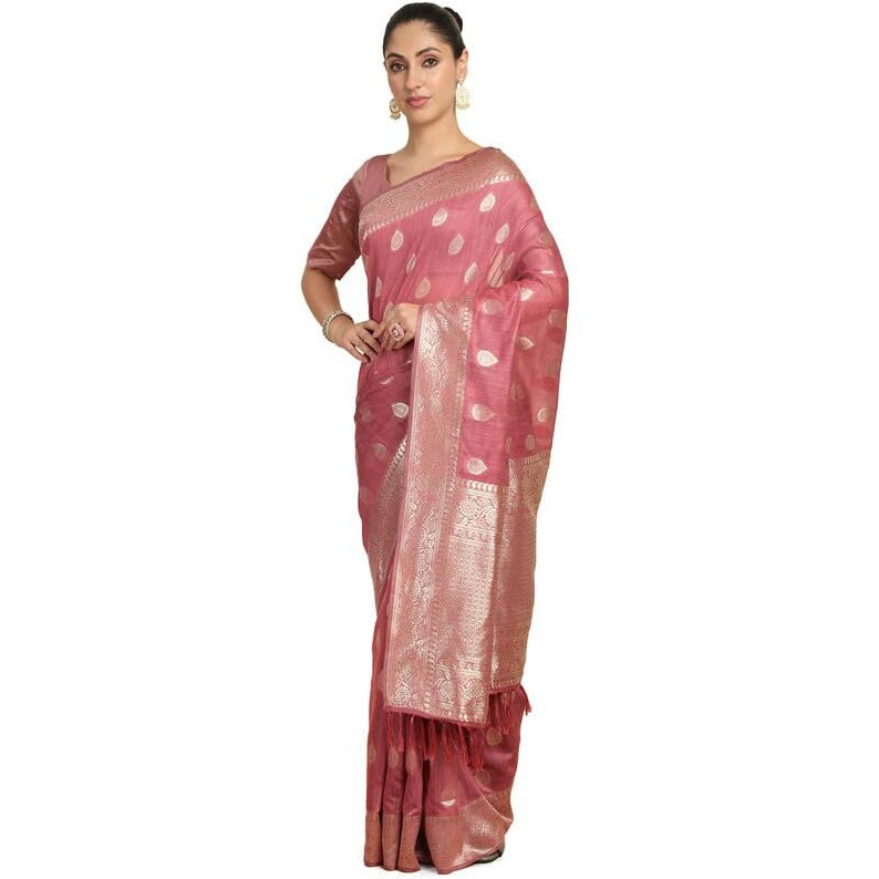 Soch Womens Onion Pink Tussar Zari Woven Saree With Tassels