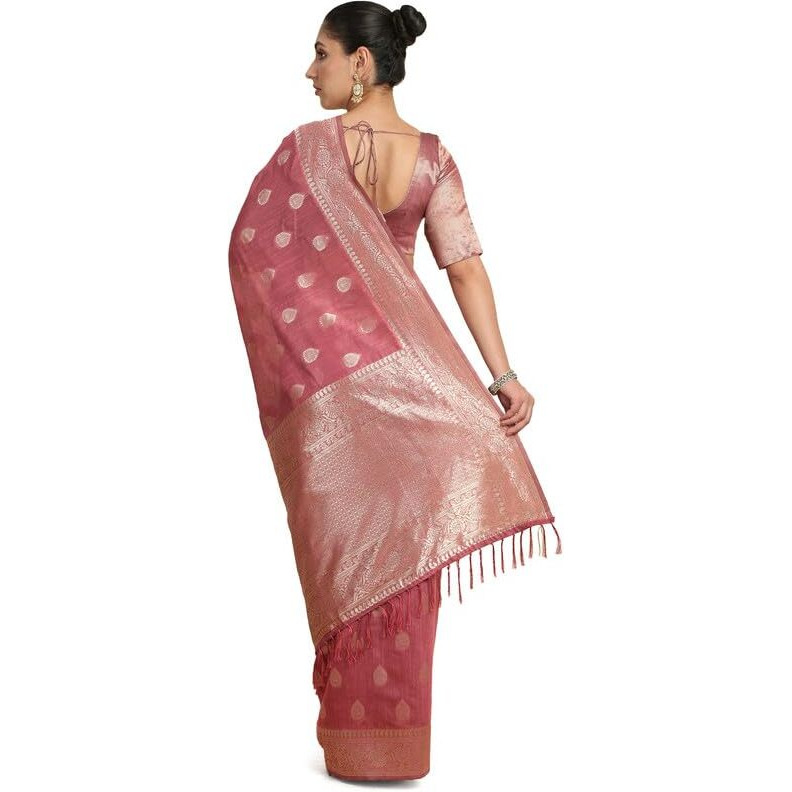 Soch Womens Onion Pink Tussar Zari Woven Saree With Tassels