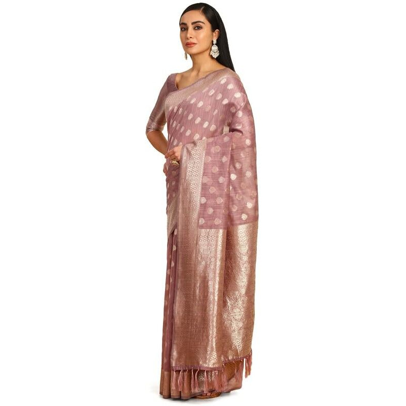 Soch Womens Onion Pink Woven Design Jacquard Tussar Saree