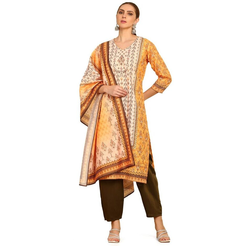 Soch Womens Mustard Print With Embroidery Cotton Blend Suit Set With Sequins
