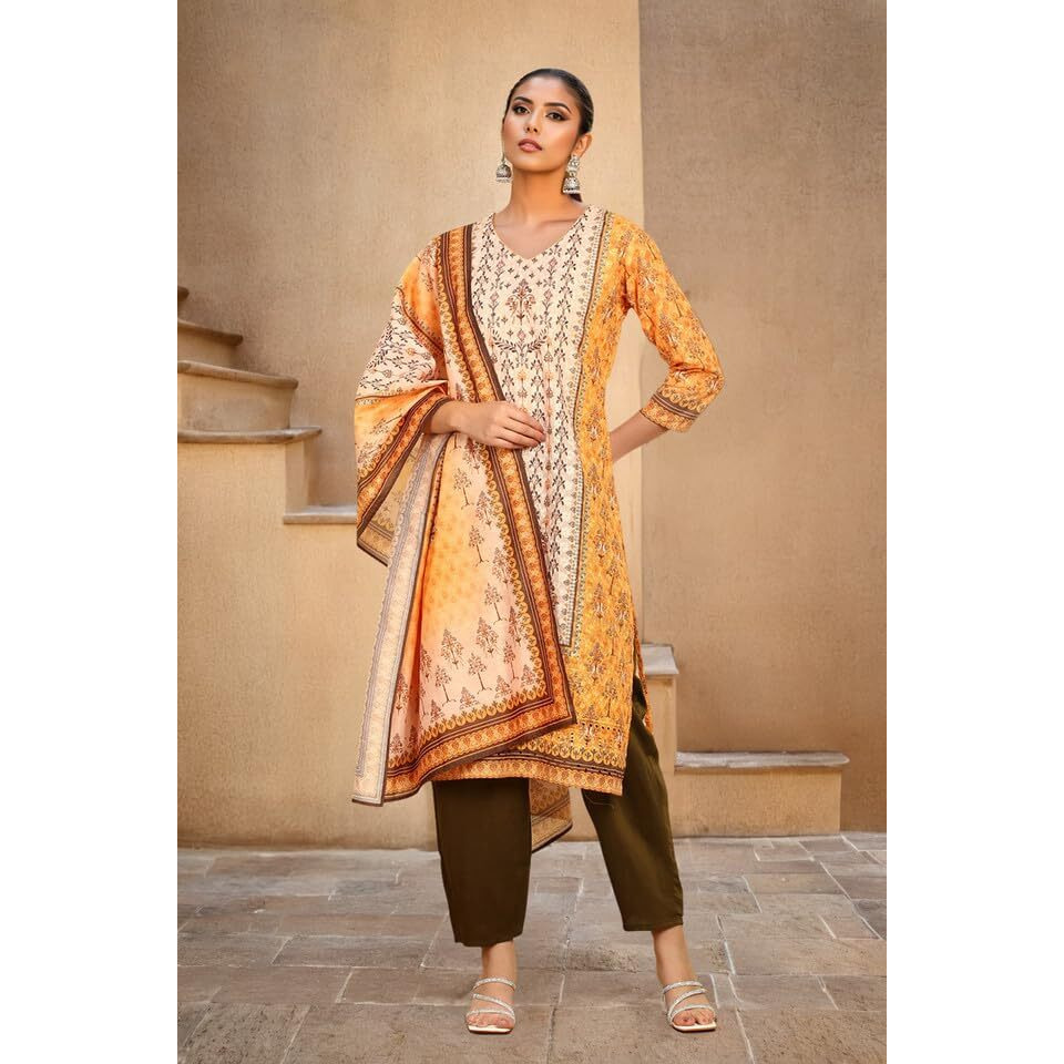 Soch Womens Mustard Print With Embroidery Cotton Blend Suit Set With Sequins