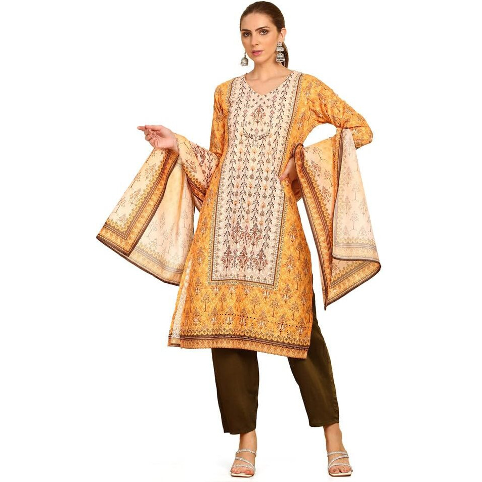 Soch Womens Mustard Print With Embroidery Cotton Blend Suit Set With Sequins
