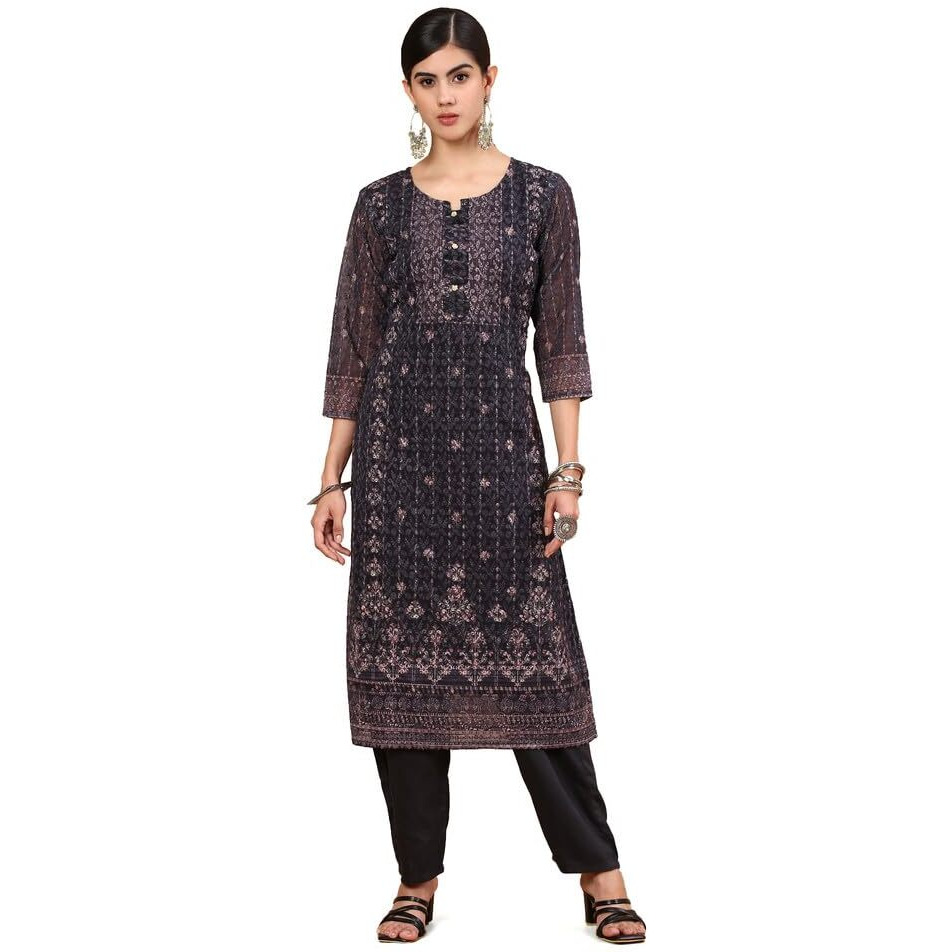 Soch Womens Black Print With Embroidery Georgette Kurta Set With Sequins