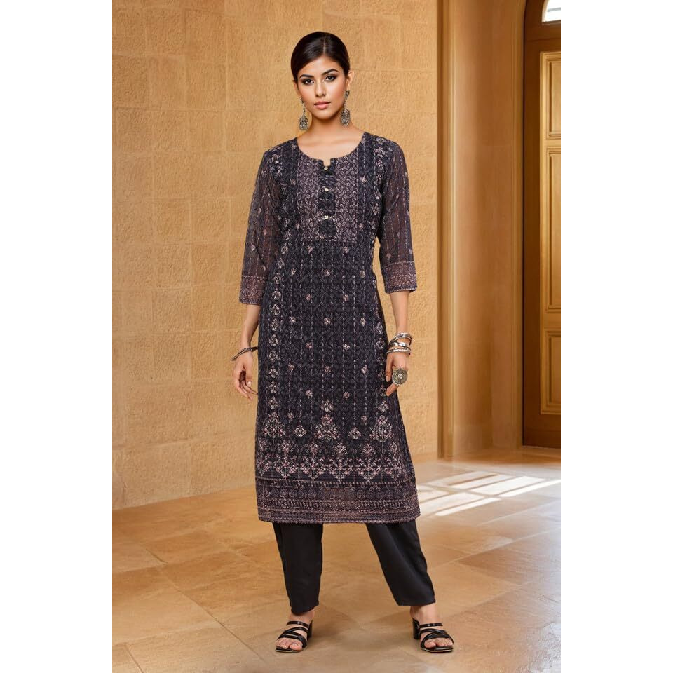 Soch Womens Black Print With Embroidery Georgette Kurta Set With Sequins