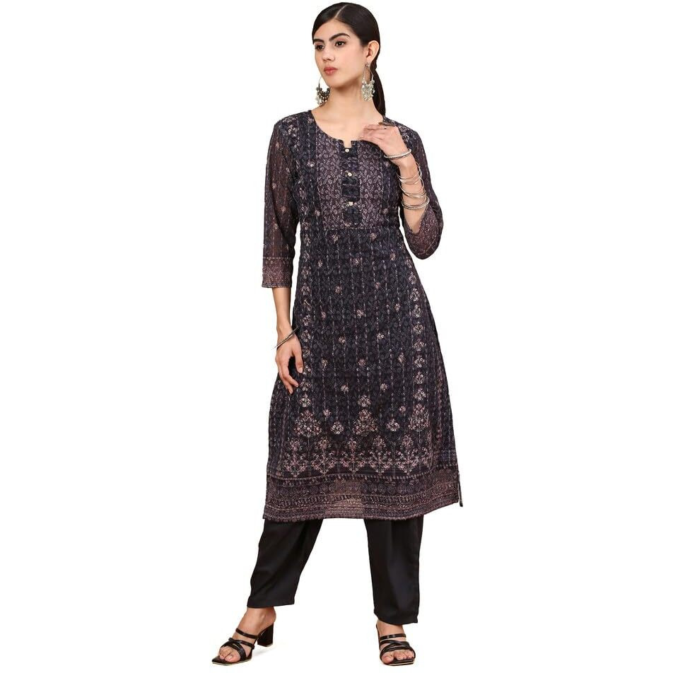 Soch Womens Black Print With Embroidery Georgette Kurta Set With Sequins