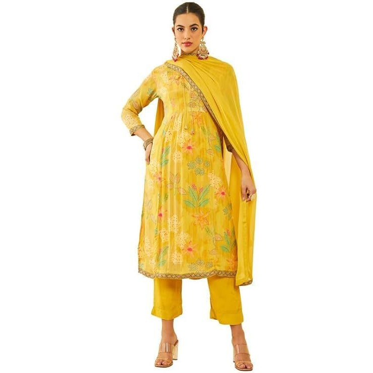 Soch Womens Mustard Crepe Floral Printed Suit Set With Sequins Details
