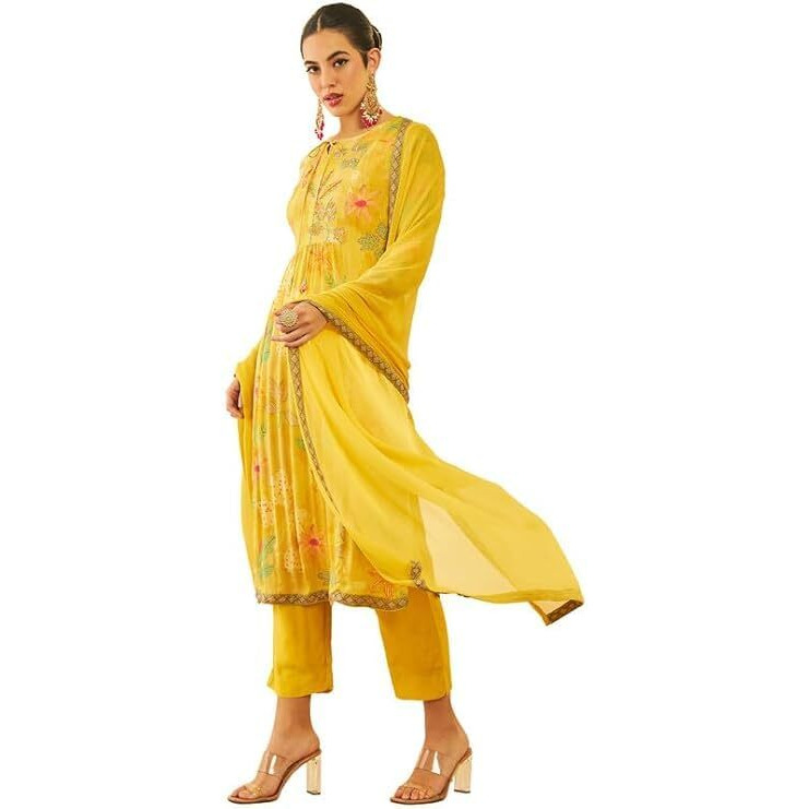 Soch Womens Mustard Crepe Floral Printed Suit Set With Sequins Details