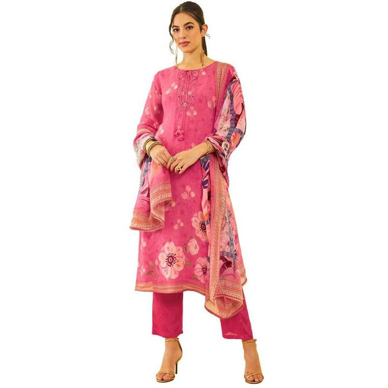 Soch Womens Fuchsia Organza Floral Printed Suit Set With Cutdana Work