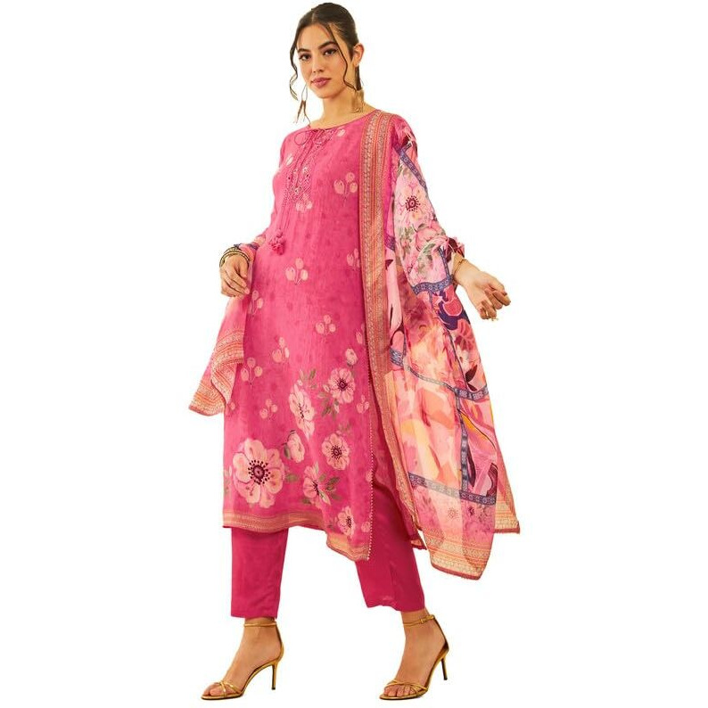 Soch Womens Fuchsia Organza Floral Printed Suit Set With Cutdana Work