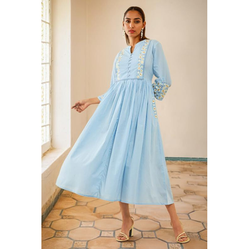 Soch Womens Powder Blue Cotton Embroidered Flared Dress With Beads
