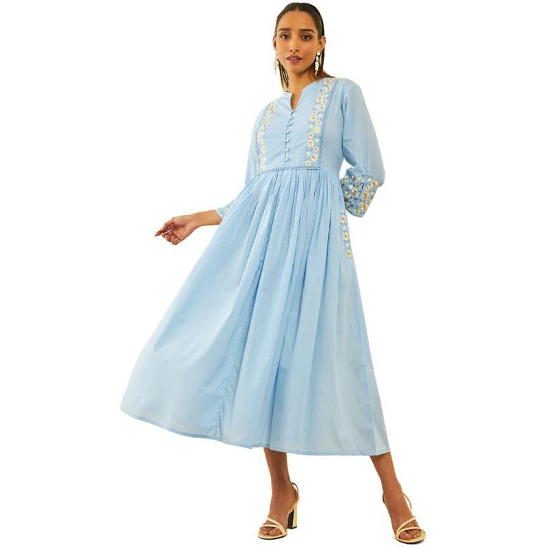 Soch Womens Powder Blue Cotton Embroidered Flared Dress With Beads
