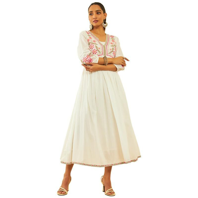 Soch Womens Off White Cotton Embroidered Empire Dress With Cutdana