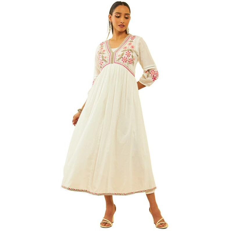 Soch Womens Off White Cotton Embroidered Empire Dress With Cutdana